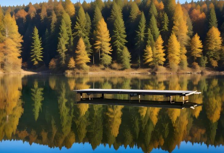 Abant Lake Autumn Reflection Forest Landscape with Wooden Pier in Abant National Park, Turkey