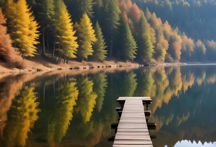 Abant National Park Autumn Forest Reflection on Abant Lake with Wooden Pier in Turkey