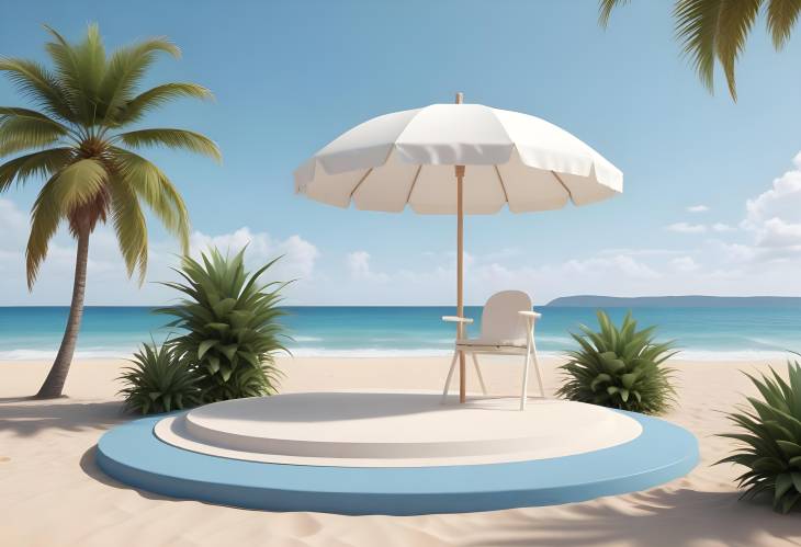 Abstract 3D Rendering of White Round Podium on Beach Sand with Chair, Umbrella, Surfboard, Ball, and