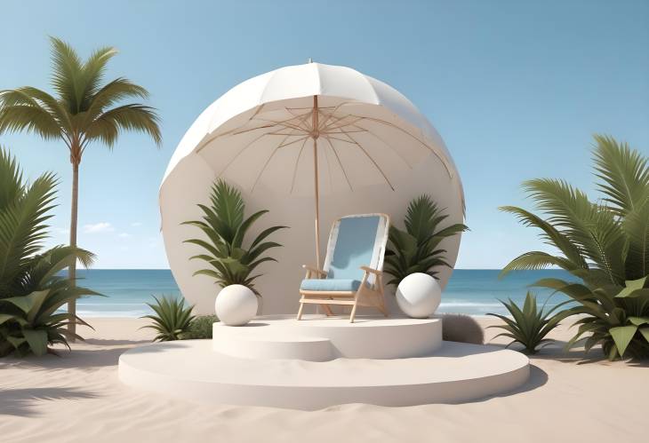 Abstract Beach Scene with White Round Podium, Chair, Umbrella, Surfboard, Ball, and Plant with Blue