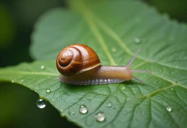 Abstract Drops of Water on Flower Leaf with Small Brown Snail