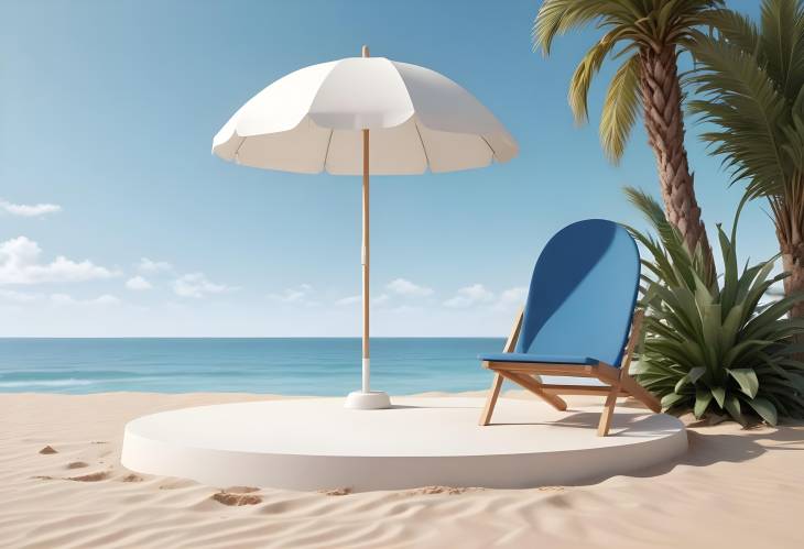 Abstract Minimalistic Scene with White Round Podium on Beach Sand with Chair, Umbrella, Surfboard, B