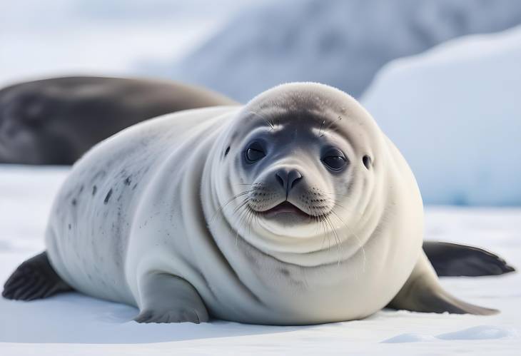 Adorable Baby Weddell Seal Yawning in Antarctica Close Up on Snowy Ground and Polar Scene