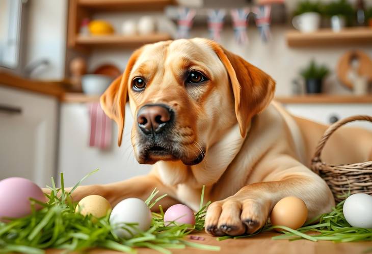 Adorable Labrador Dog Relaxing in Kitchen with Easter Celebration Decorations