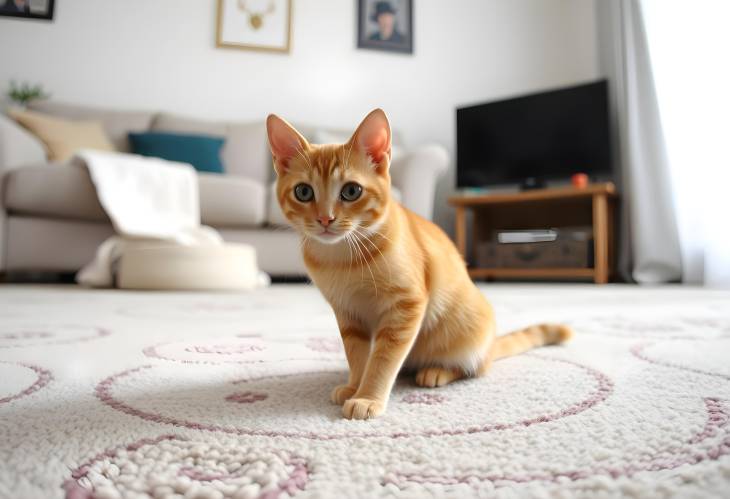 Adorable Red Cat on Carpet in Stylish and Cozy Living Room