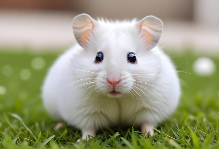 Adorable White Hamster on Lawn Close Up of a Cute Pet in Natural Green Grass