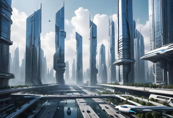 Advanced Urban Environment with Futuristic Skyscrapers, Hovercrafts, and a Sleek, Clean Cityscape