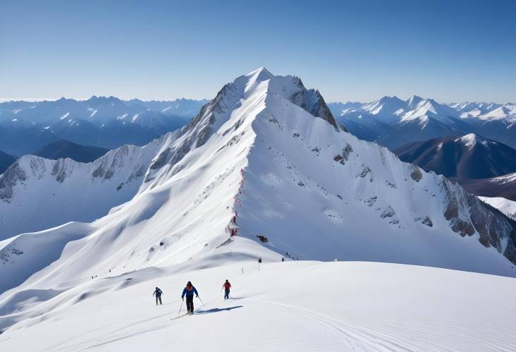 Adventure Seekers Skiing Down Snowy Slopes with Clear Blue Sky Above