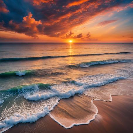 Aerial Perspective of a Sunset Over the Sea Dramatic Clouds and Waves Beneath a Colorful Sky