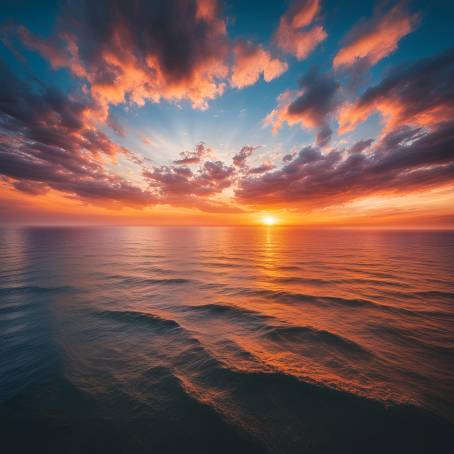 Aerial Perspective of a Vibrant Sunset Over the Ocean Waves and Dramatic Clouds