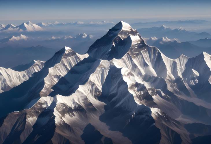 Aerial Perspective of Mount Everest and Neighboring Peaks, SnowCapped Himalayan Range, HighAltitu