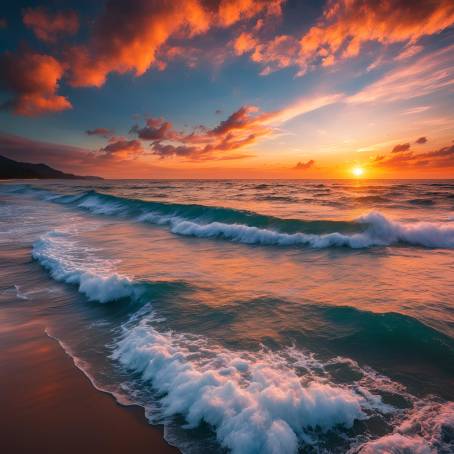 Aerial Shot of a Majestic Sunset Over the Ocean Stunning Sky and Waves Below