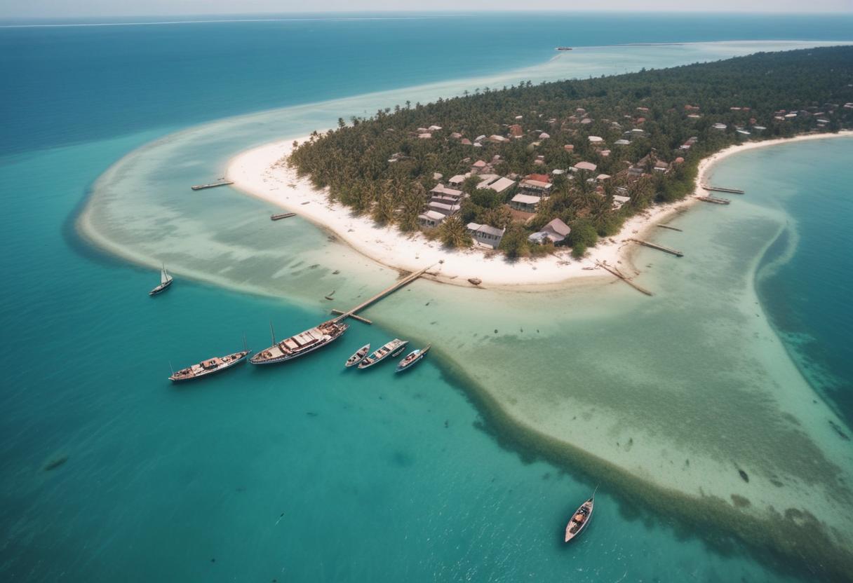 Aerial Shot of Prison Island, Zanzibar Toned Coastal Views with Boats and Beaches