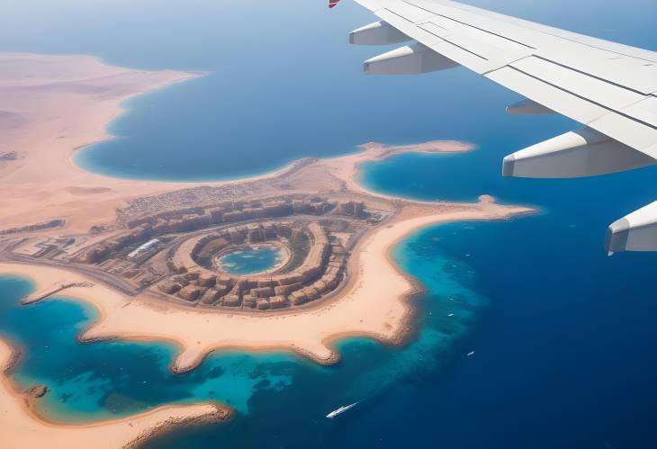 Aerial Splendor Reefs and Hotels Along Sharm El Sheikhs Red Sea Coast from a Plane Window