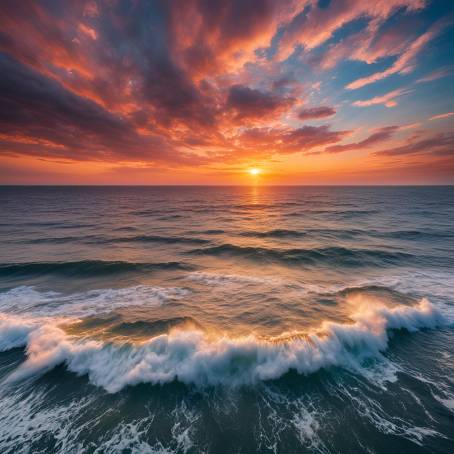 Aerial Sunset Over the Ocean Vibrant Sky and Waves Reflecting the Light of Days End