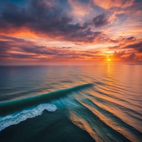 Aerial Sunset Over the Sea Mesmerizing Waves and a Colorful, Dramatic Sky