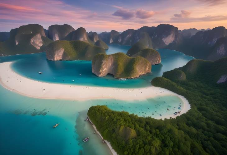 Aerial Sunset View of Phi Phi Leh with Maya Bay and Pileh Lagoon in Thailand