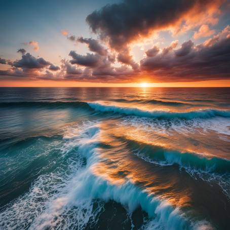 Aerial View of a Fiery Sunset Over the Ocean Waves and Clouds Ablaze with Color