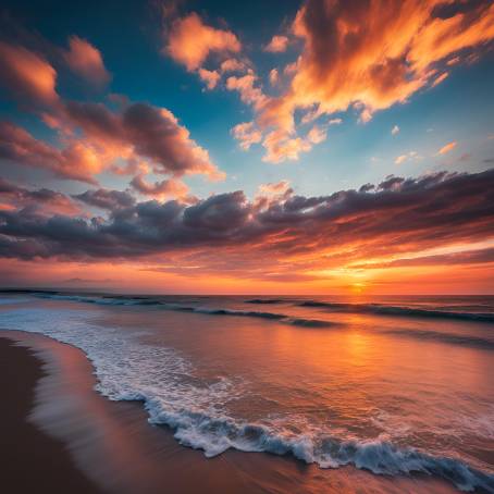 Aerial View of a Golden Sunset Over the Ocean Dramatic Clouds and Gentle Waves