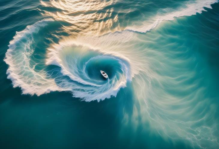 Aerial View of a Small White Boat Anchored in a Swirling Whirlpool of Turquoise and Azure Ocean