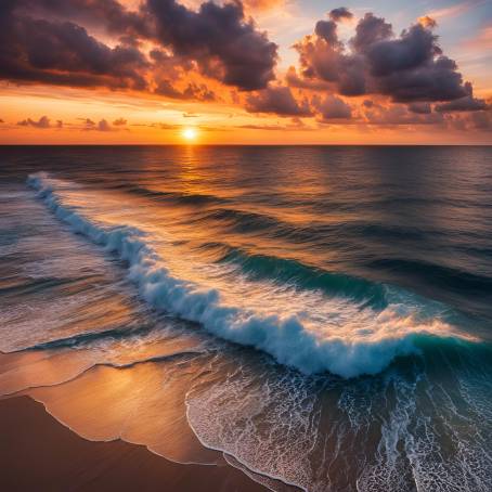 Aerial View of a Sunset Over the Sea Waves and Clouds Painted by the Colors of the Sky