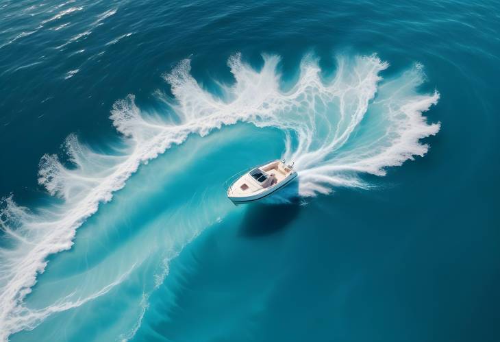 Aerial View of a White Boat in a Turquoise and Azure Whirlpool with Sunlight Glimmering