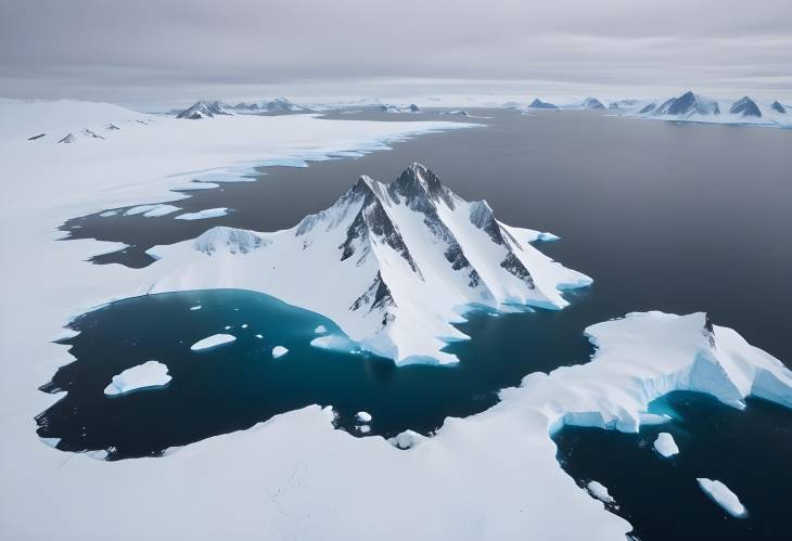 Aerial View of Arctic Ocean and Mountain Landscape Majestic North Antarctica Coastline