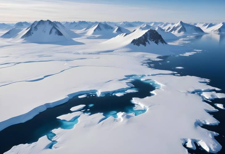 Aerial View of Arctic Winter Landscape Snowy Mountains and Ice Water Ocean, Global Warming