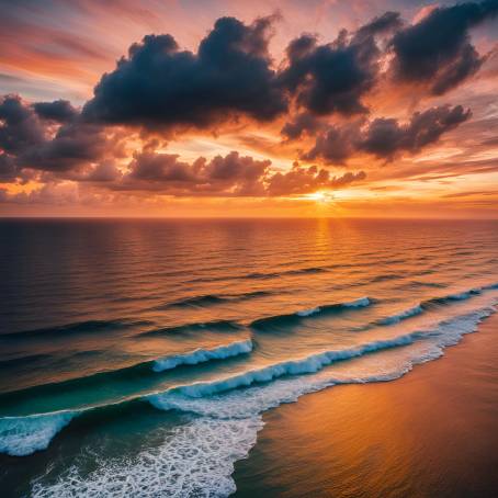 Aerial View of Golden Sunset Over the Ocean Waves, Clouds, and a Dramatic Sky