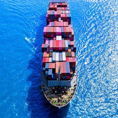 Aerial View of Large Container Ship in Deep Blue Sea