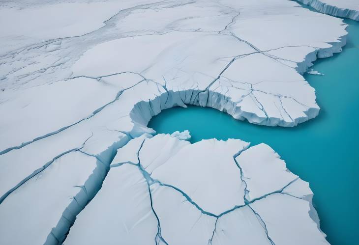 Aerial View of Melting Glacier with Deep Cracks and Turquoise Water. Crystal Ice Lake and Melted G