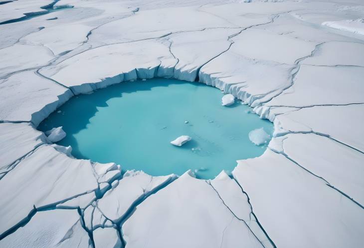 Aerial View of Melting Glacier with Turquoise Water and Deep Cracks. Snow Covered Icebergs