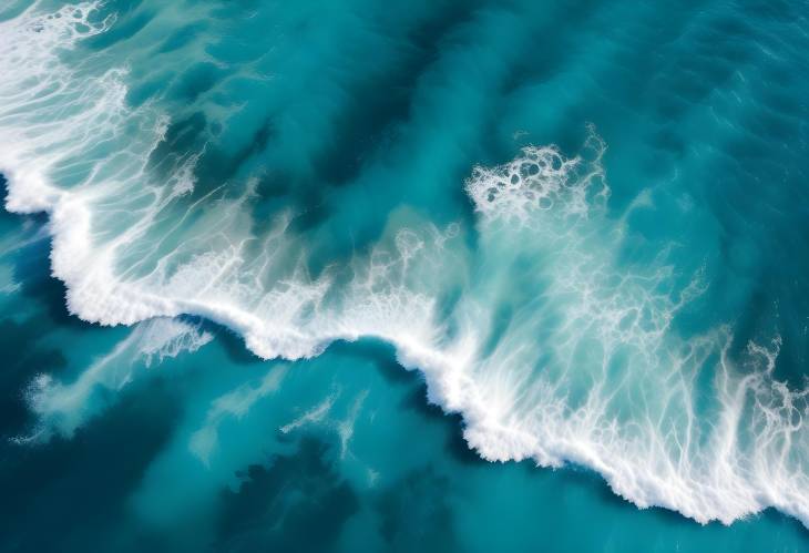 Aerial View of Ocean Water with Turquoise Hues, Foam, and Splashes for Abstract Natural Background