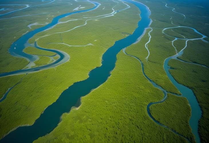 Aerial View of Vibrant River Delta, Green Wetlands and Flowing Rivers, Scenic Natural Landscape, De