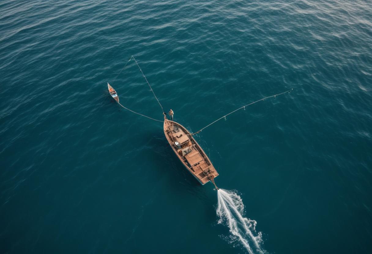 Aerial View of Vintage Boat with Fisherman in Coral Sea, Net Casting Scene