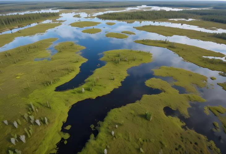 Aerial View of Yelnya Mire Swamp in Belarus, East European Wetlands with Pine Trees and Marshland