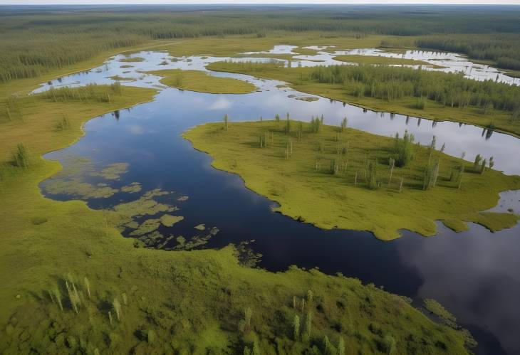 Aerial View of Yelnya Mire Swamp in Belarus, East European Wetlands with Pine Trees and Marshland