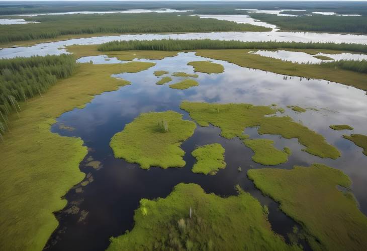 Aerial View of Yelnya Mire Swamp in Belarus, East European Wetlands with Pine Trees and Marshland