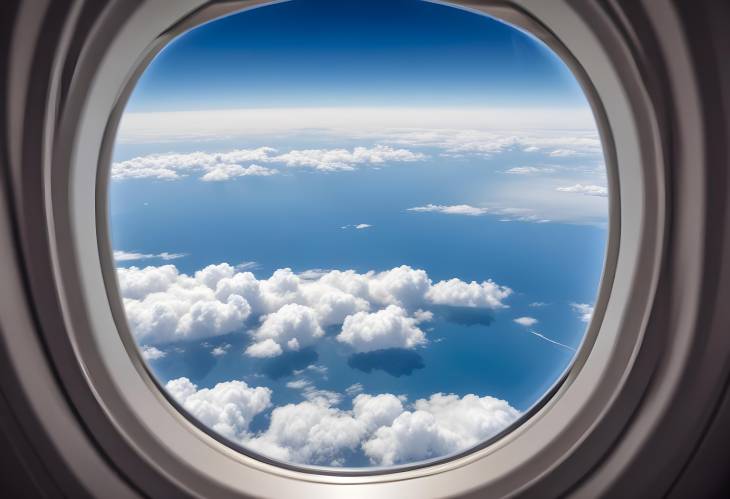 Aerial View Through Airplane Window Capturing the Beauty of Clouds and Sky from a Window Seat