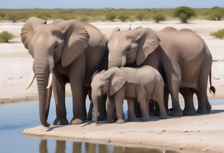 African Elephant Families Gather at Lake A Scene from Etosha National Park, Namibia