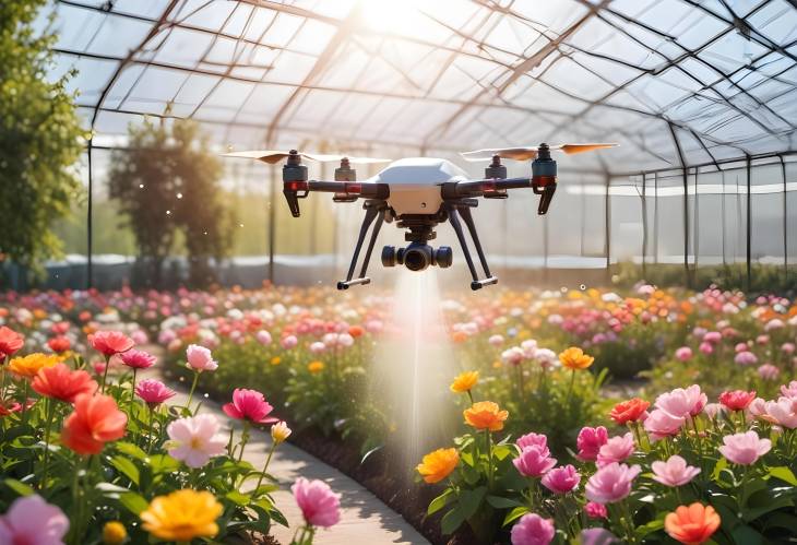 Agricultural Drone in Action Watering a Vibrant Flower Garden with Morning Sunlight