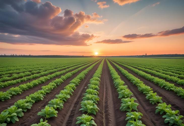 Agricultural Green Potato Fields at Sunset in Finland Row Crops, Rural and Scenic Landscape