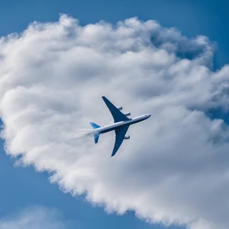 Airplane Contrail in Blue Sky High Altitude Ice Crystal Cloud from Jet Engine