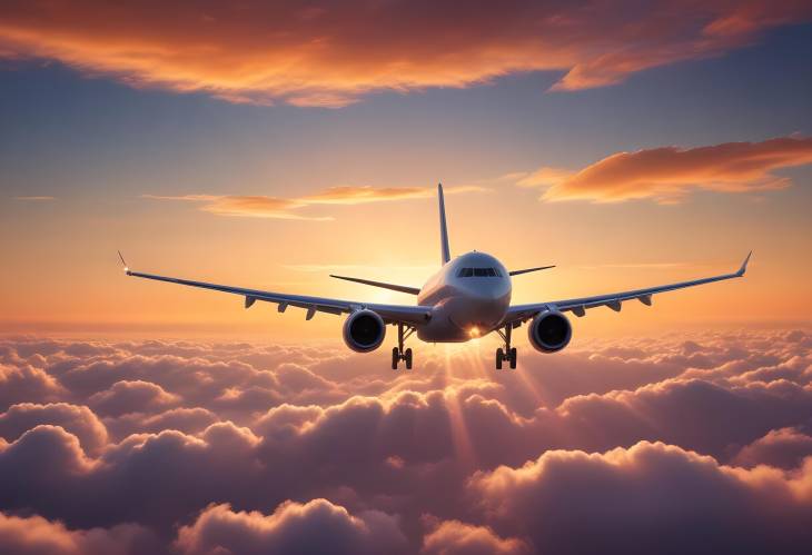 Airplane in Golden Sunset Sky Stunning Travel View from Above