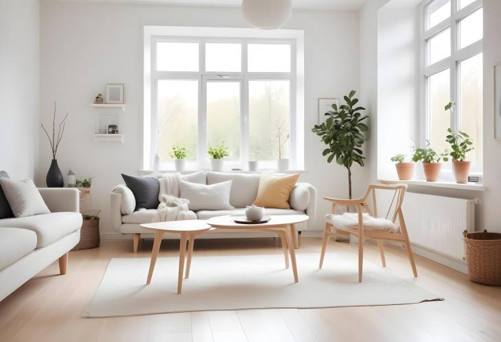 Airy and Bright Scandinavian Living Space with Minimalist Design, Defocused and Resplendent