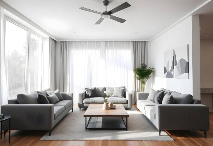 Airy living room with grey sofas, coffee table, and large window, designed for a bright, modern spa