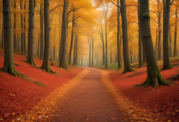 Alluring Autumn Forest with a Leafy Carpet, Tall Trees in Brilliant Color, and a Path Forward