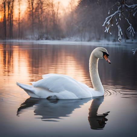 Alone White Swan in Snow Covered Lake at Sunrise  Winter Wildlife Photography