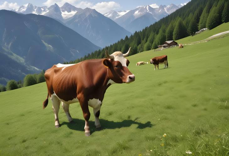 Alpine Landscape with Grazing Cows Serene Meadow, Hiking Paths, and Mountain Views