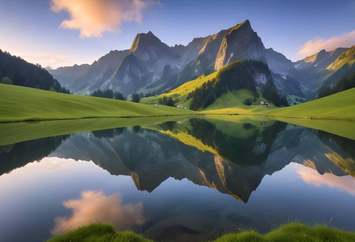 Alpine Serenity Sunrise Over Lake Seealpsee with Reflections of Sntis and Mountains